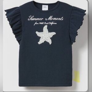 Zara Blue Navy Short Sleeve Tee with Ruffle Sleeves